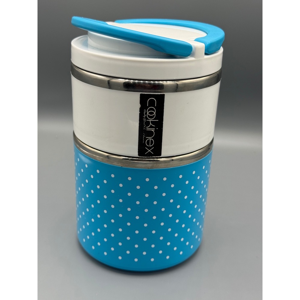 Cookinex 2 Tier Stackable lunch Box Stainless Steel Blue Polka Dot Insulated